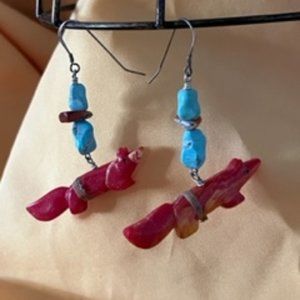 Red Coral Fox Earrings with turquoise accents dangle from 2 turquoise stones